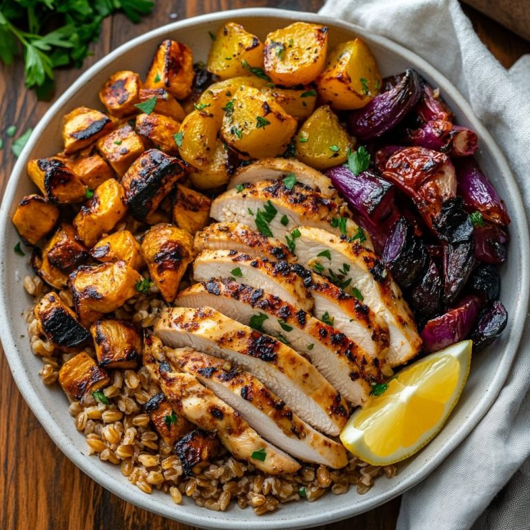 Garlicky Grilled Chicken + Farro & Roasted Veggies