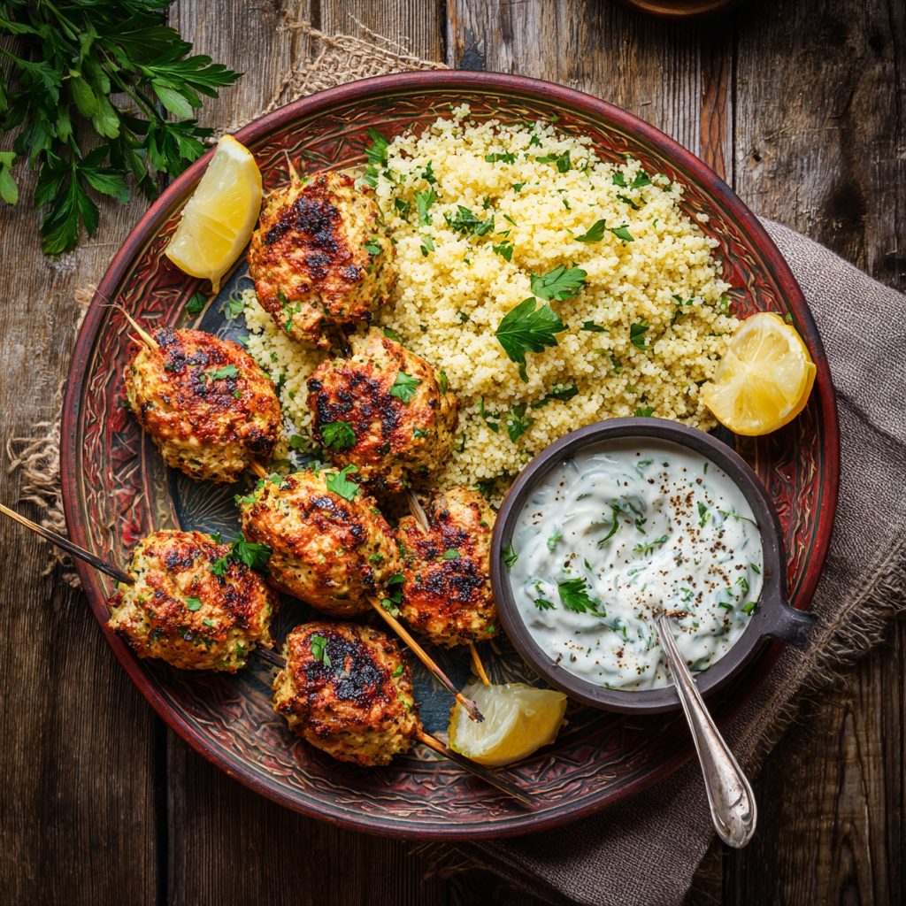 7-Day High-Protein Mediterranean Diet Plan to Burn Visceral Fat 10 Grilled Turkey Kofta + Couscous & Cucumber Yogurt Sauce