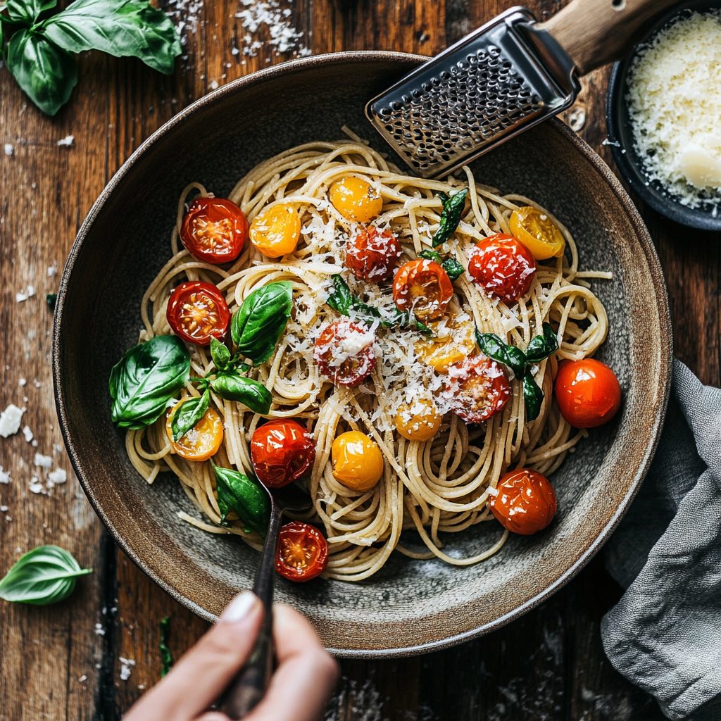 Whole Wheat Spaghetti with Cherry Tomatoes & Basil 7 Whole Wheat Spaghetti with Cherry Tomatoes Basil 6