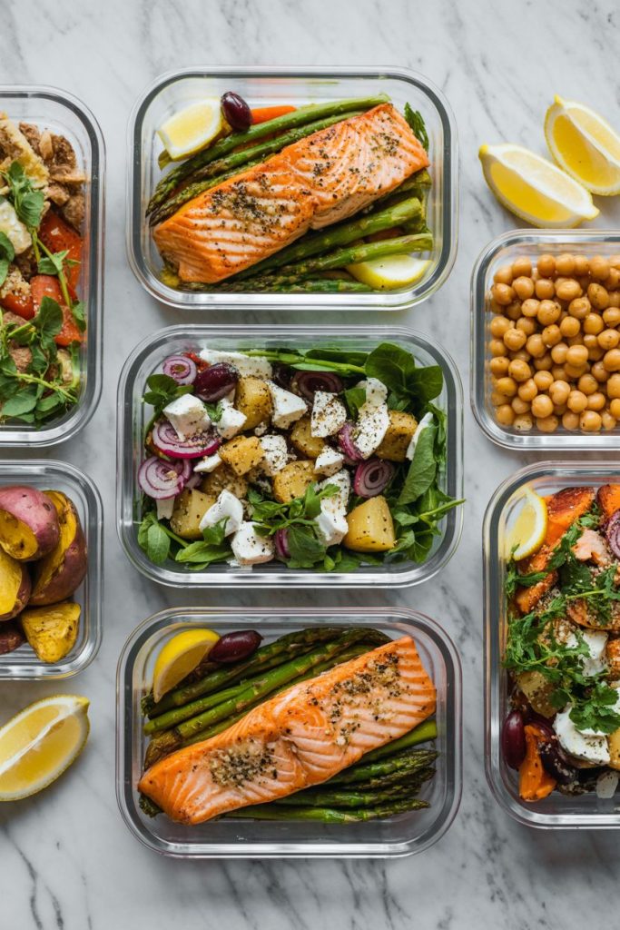 a bright flat lay of a weekly meal prep AtUg1ijsSD2lAjjL8gN8Ag ezRphZopQqOVR2bZJHFKbw