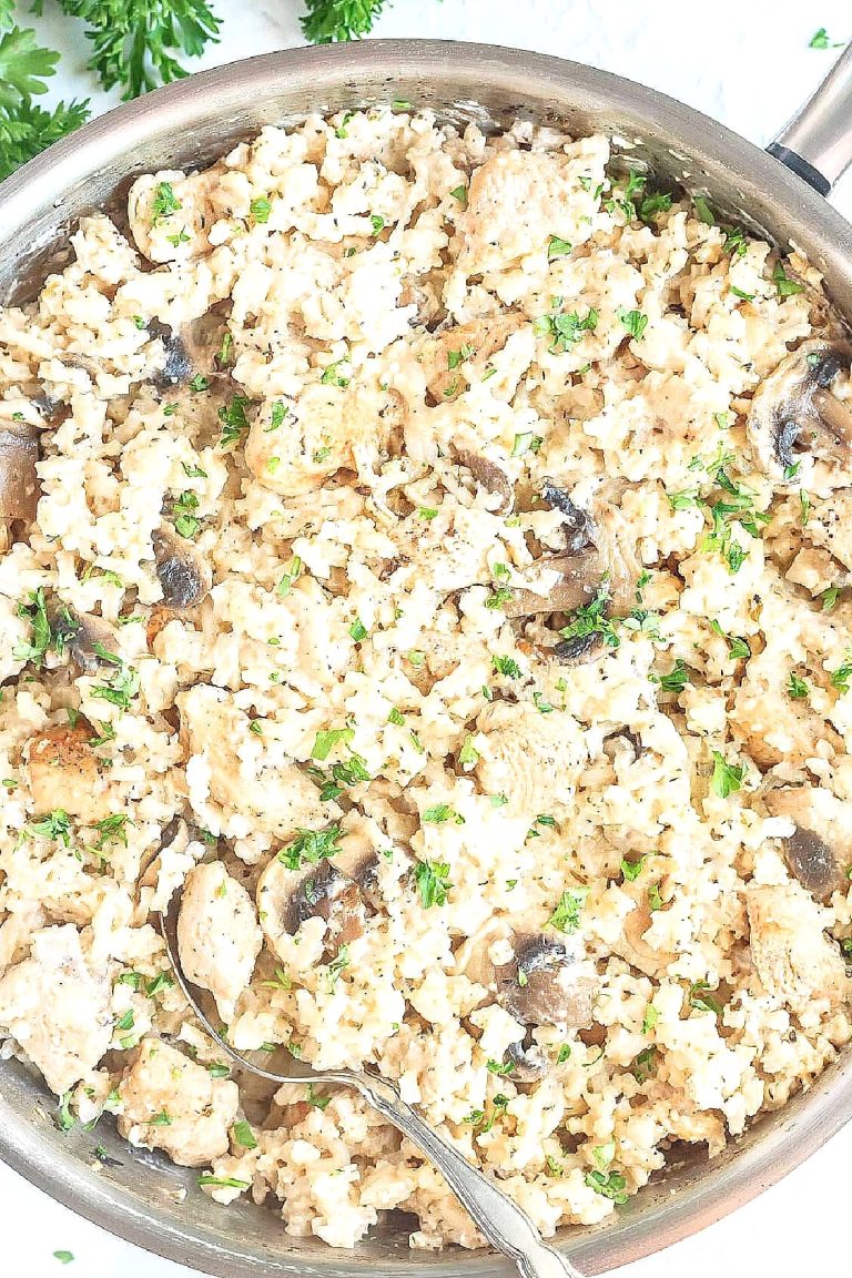 Creamy White Cheddar Garlic Butter Chicken Rice Skillet