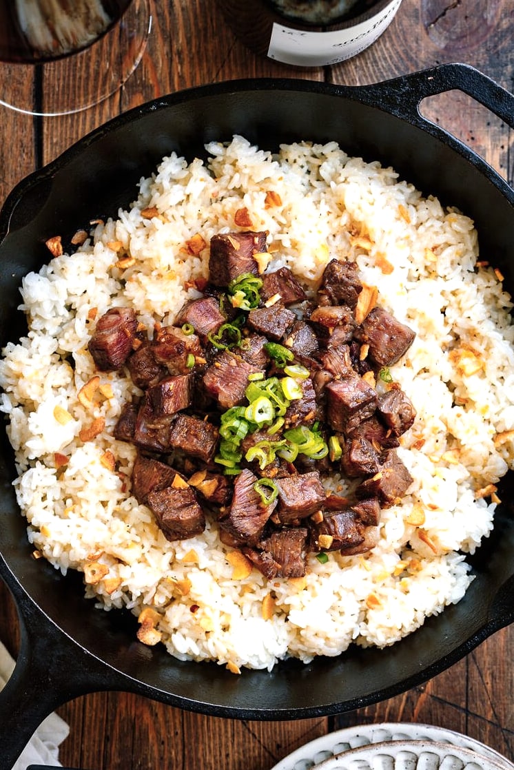 One Skillet Garlic Butter Steak Bites and Rice