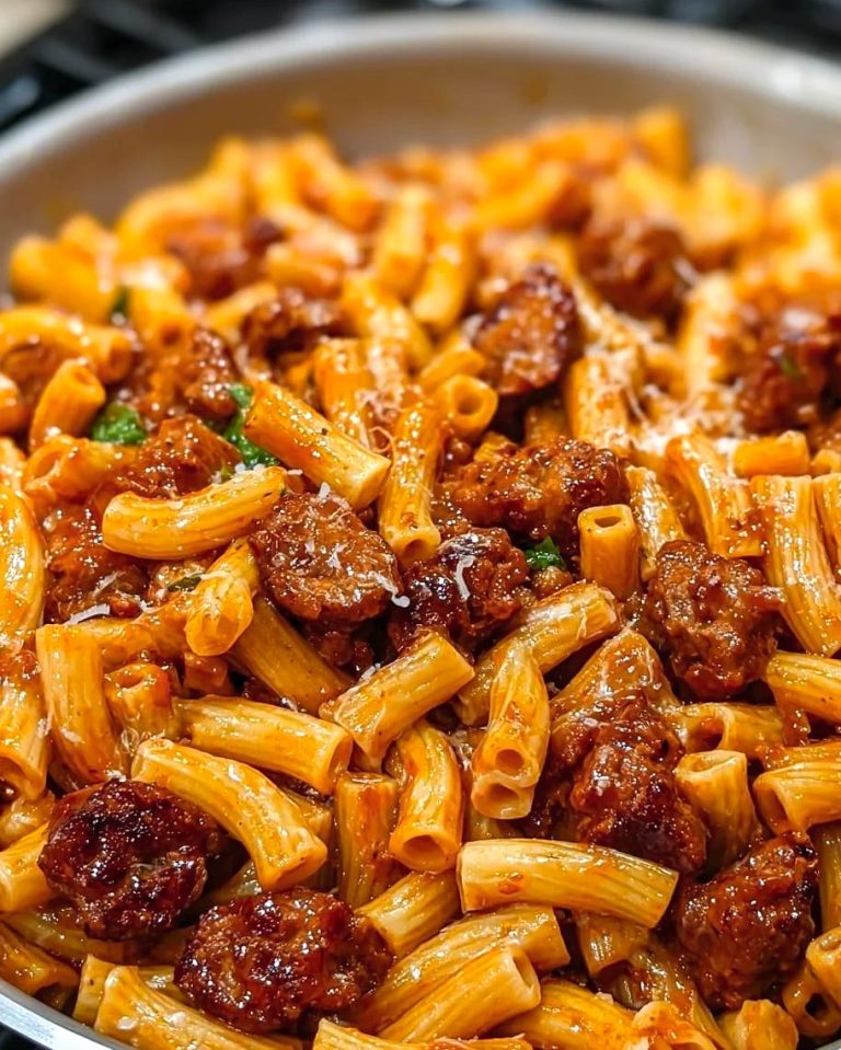 Sticky Garlic Butter Smoky Parmesan Sausage Pasta Skillet