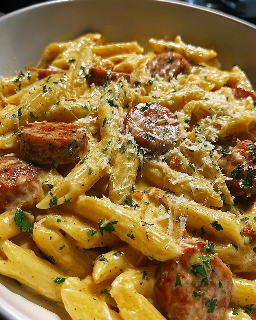 Creamy Bold Honey Mustard Sausage Penne Skillet