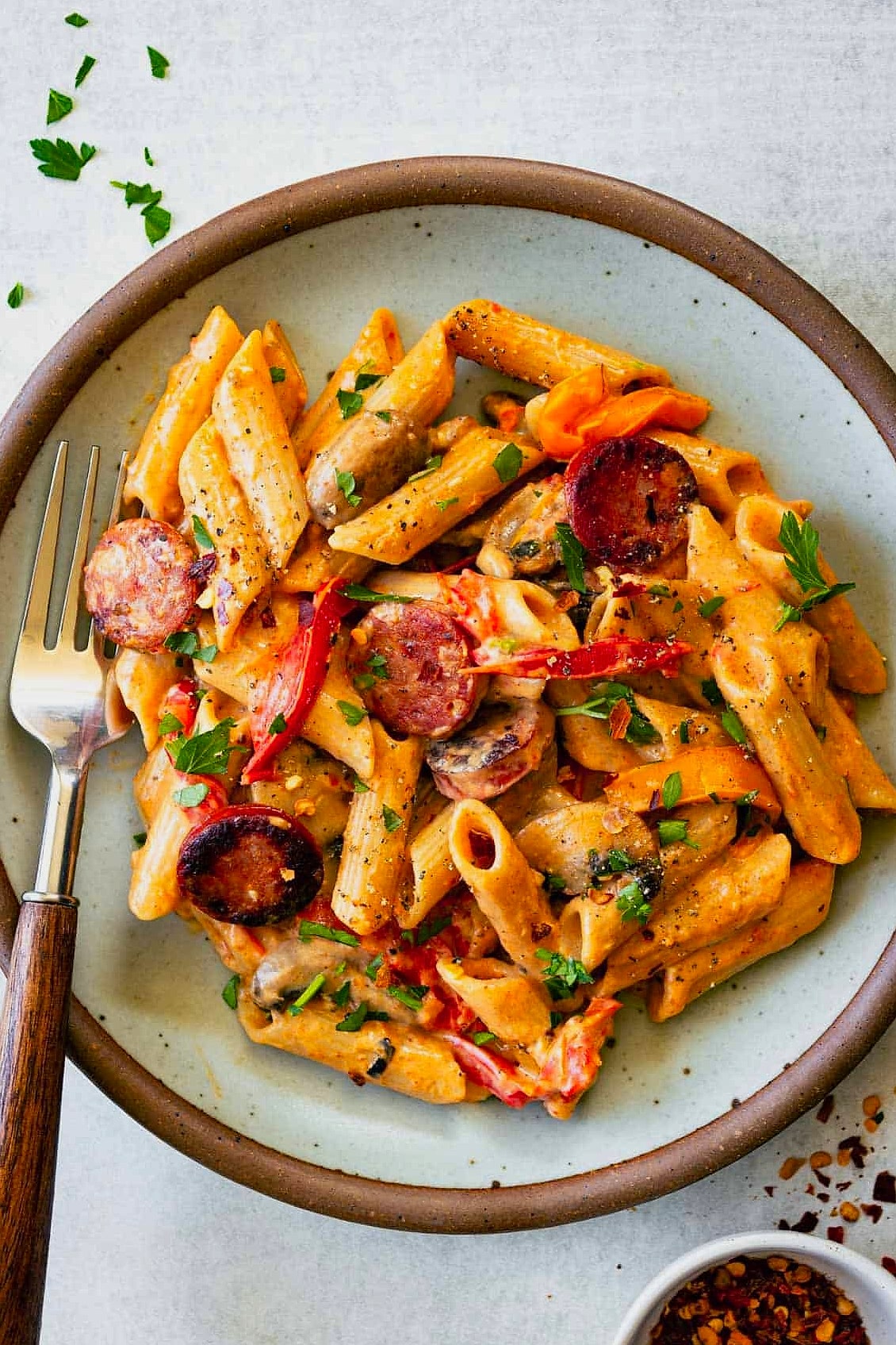 One Pan Creamy BBQ Cheddar Sausage Pasta