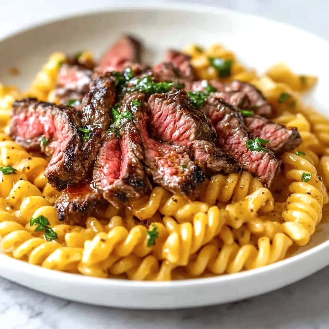 One Pan Honey Garlic Steak Cheddar Pasta