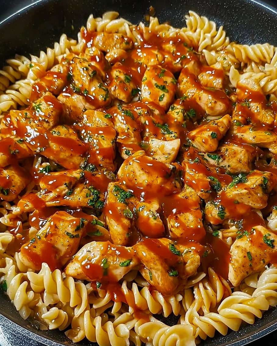 One Skillet Sweet Spicy Sticky Chicken Pasta