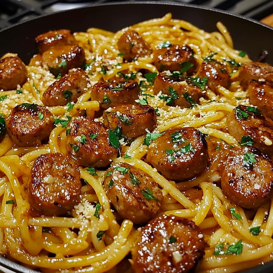 Sticky Garlic Butter Smoky Parmesan Sausage Pasta Skillet